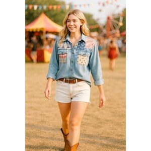 Cambridge Womens Vintage Patchwork Americana Denim Shirt Stars Stripes Small